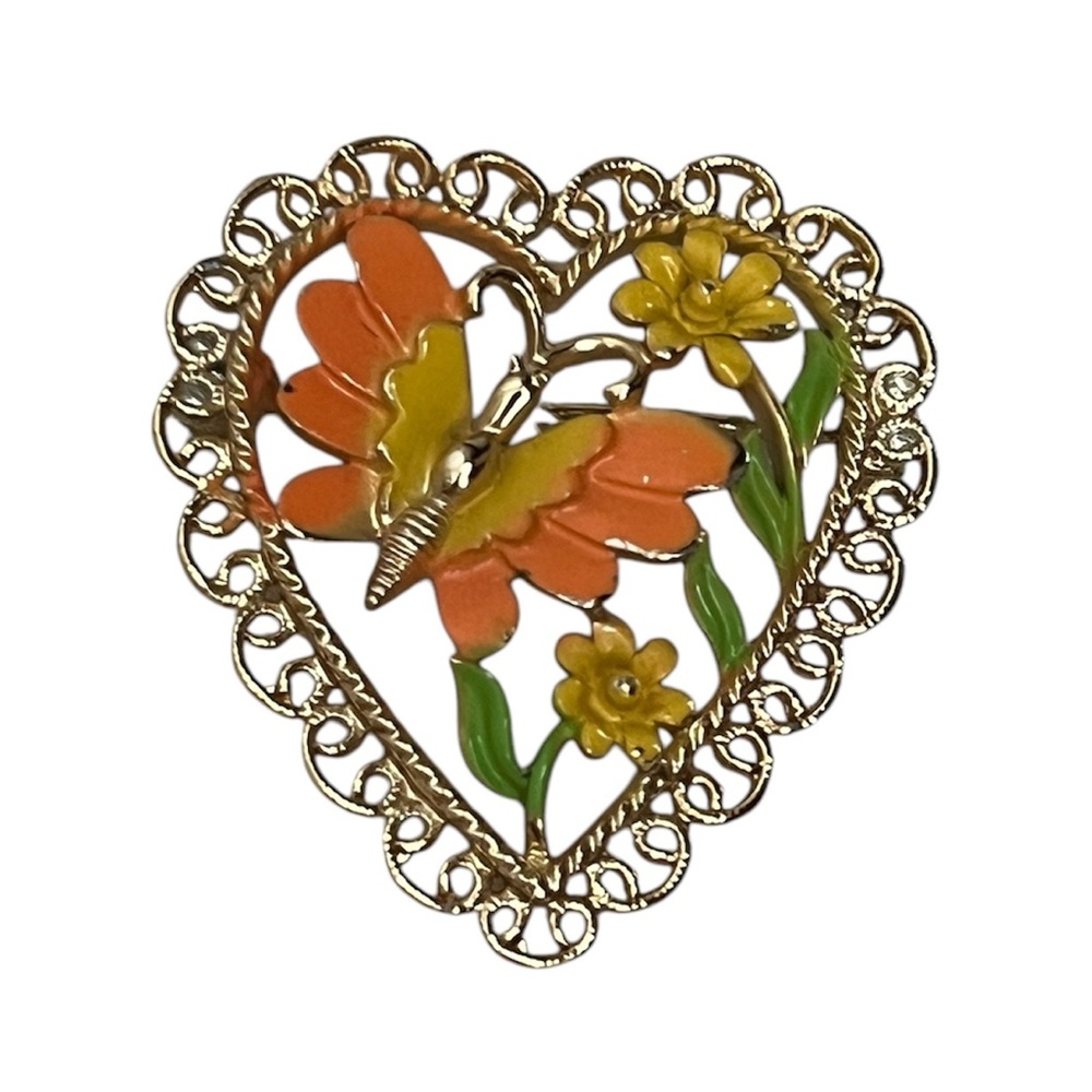 Gold Tone Floral‎ Butterfly Heart Shaped Pin Brooch